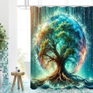 Artistic shower curtain with life tree and sea waves print in blue and gold for bathroom