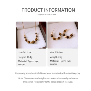 Tiger's eye and copper jewelry set size and weight specifications in English info chart