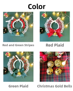 Detailed view of Christmas pet collars with lace, bows, and festive star-cutout golden bells