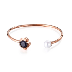 Rose gold flower open bangle with blue sandstone and white pearl for women