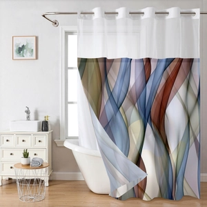 Abstract marble pattern waterproof shower curtain with translucent top and double metal rings