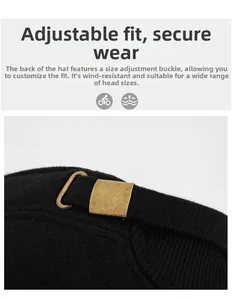 Detailed view of adjustable metal buckle on a black wool blend flat cap for elderly men