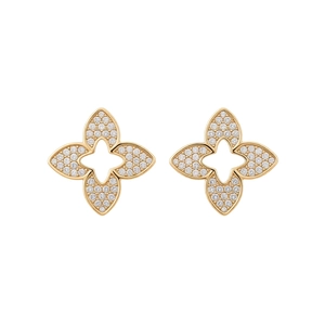 Elegant gold plated flower stud earrings with sparkling pavé zircon stones in clover shape