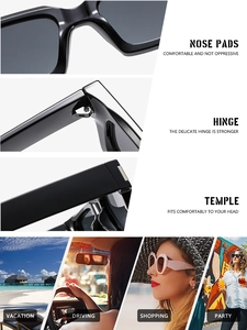 Detail of square black frame sunglasses with integrated nose pads and metal hinges