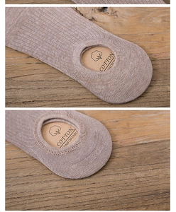 Macro shot of cotton no-show socks featuring non-slip silicone heel grips on wood background