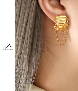 Detailed close-up of golden asymmetric stainless steel fringe chain earrings on ear