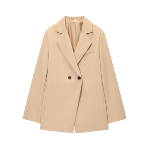 Classic khaki slim fit double-breasted blazer for women in woven fabric on white background