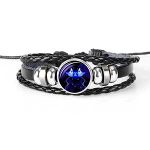 Bracelet en cuir tressé signe Gémeaux avec cabochon en verre et perles argentées