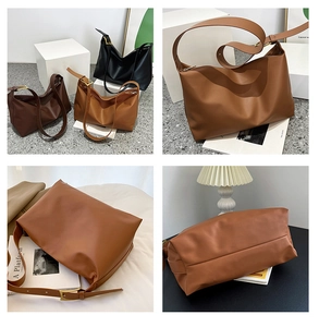 Detail shots of minimalist PU leather tote bag in black, brown, and caramel colors