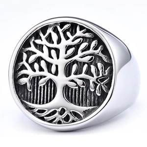 Vintage Tree of Life stainless steel ring for men with polished silver finish and black details