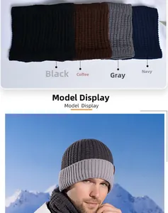 Winter knit hat and neck warmer set for men in black, coffee, grey, and navy blue