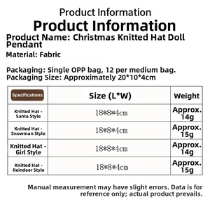 Detailed size and weight specifications for Christmas knitted hat doll pendants