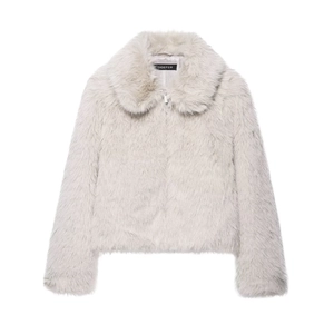 Faux Fur Jacket Women Zipper Closure Lapel Collar Short Coat Casual Winter Warm Outerwear Chic