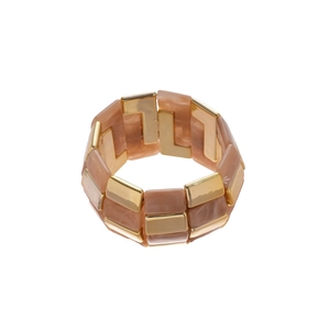 Retro geometric checkerboard bracelet with gold metal and peach acrylic square links