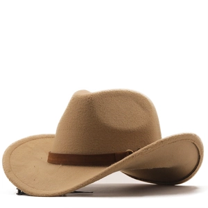 Detail of khaki wool felt western cowboy hat with brown faux leather belt and buckle