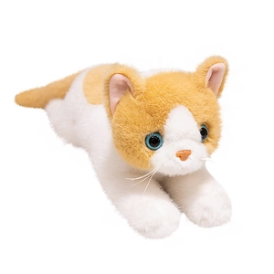 Realistic orange and white plush cat toy in a lying position with blue eyes