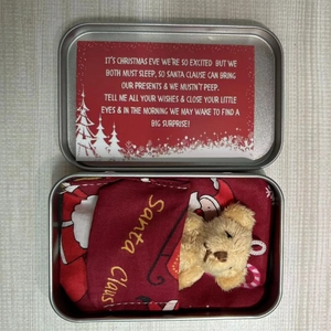 Christmas teddy bear gift box with Santa Claus fabric and festive poem inside