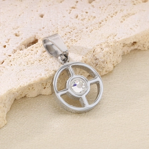 Minimalist silver geometric open circle necklace with a center crystal on stone