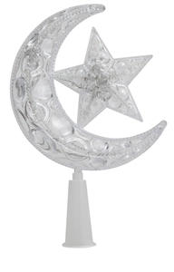 Detailed view of moon and star tree topper with crystal texture and white cone base