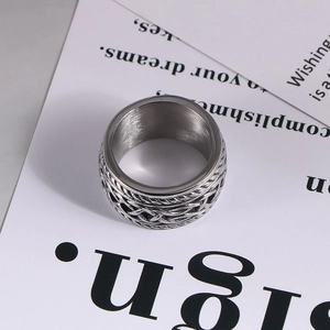 Retro punk titanium steel wide band ring with vintage silver woven texture design