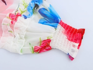 Detail of floral chiffon sleeve with smocked elastic cuffs and ruffle edges