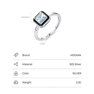 Bague en argent S925 avec zircon bleu carré et bordure en émail noir élégante