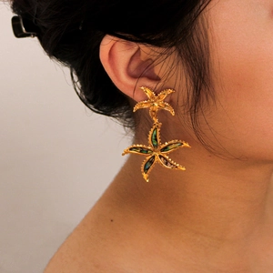 Double Starfish Drop Earrings Stainless Steel 18K Gold Plated With Colorful Abalone Shell Inlay Ocean Style For Women