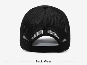 Detail view of the breathable mesh back and adjustable velcro strap on black baseball cap