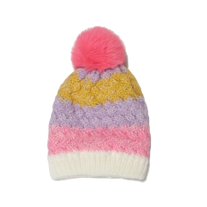 Winter children's rainbow knit beanie with colorful stripes and a pink faux fur pompom
