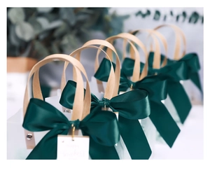 Detail of frosted gift bag with dark green silk ribbon bow and beige handle texture