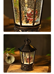 Close-up of retro bronze Christmas lantern featuring Santa Claus and floating glitter snow