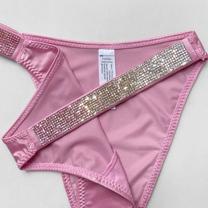 Pink satin thong for women with gradient rhinestones and low waist fitness style
