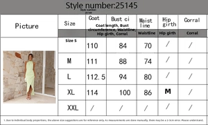 Detailed size chart for the elegant light green halter maxi dress with measurements
