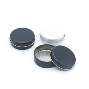 Top view of small black and white 20g aluminum tins showing open and closed states