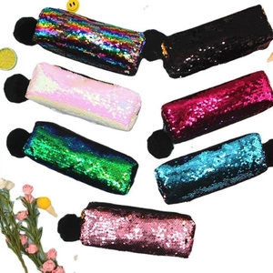 Colorful mermaid sequin pencil case with pompom zipper for students and cosmetic use
