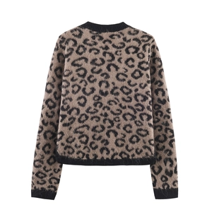 Women's leopard print jacquard knit cardigan sweater with long sleeves in brown and black
