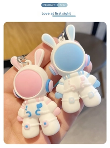Close-up of pink and blue astronaut bunny pendants in high-quality silicone material
