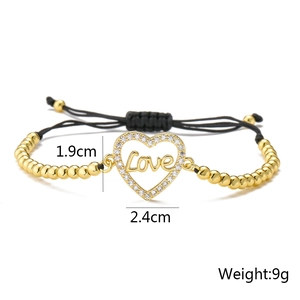 Detail view of 18K gold bead bracelet with zircon Love heart pendant and dimensions