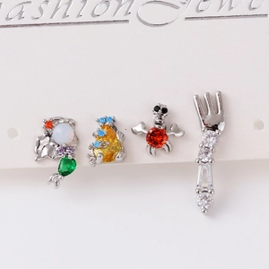 Little Mermaid earring set with turtle and fork motifs in silver cubic zirconia