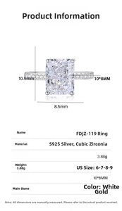 Detailed size specifications for 10x8mm radiant cut zircon S925 sterling silver ring