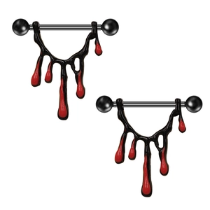 Pair of stainless steel nipple rings with black and red blood drip pendant design