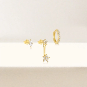 Detail of S925 sterling silver gold earrings set featuring geometric cubic zirconia drops