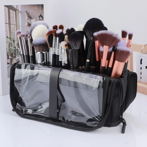 Professional Makeup Brush Bag Large Capacity Portable Cosmetic Organizer Folding Standing Waterproof Transparent Window Polyester PU
