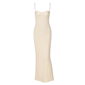 Detail of beige lace midi dress featuring corset bodice and delicate spaghetti straps
