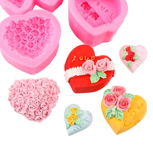 Pink heart-shaped rose silicone mold with finished LOVE flower soap crafts