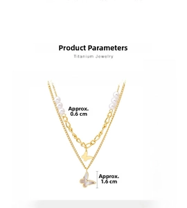 Detail showing titanium double-layer necklace with pearl beads and butterfly pendant dimensions