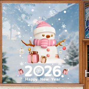 Pink snowman Christmas window sticker with 2026 Happy New Year greeting for glass decoration