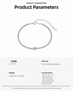 Detail of S925 sterling silver tennis bracelet with pink heart zircon and lobster clasp