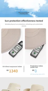 Detail view of wide-brim sun hat showing breathable mesh and 99% UV protection test result
