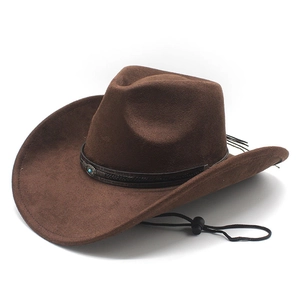 Classic dark coffee faux suede western cowboy hat with turquoise band and chin strap